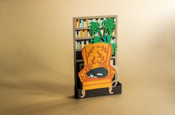 Sleeping Cat with Bookshelf Pop Up Box Card – 3D SVG Ornament for Brand Storytelling